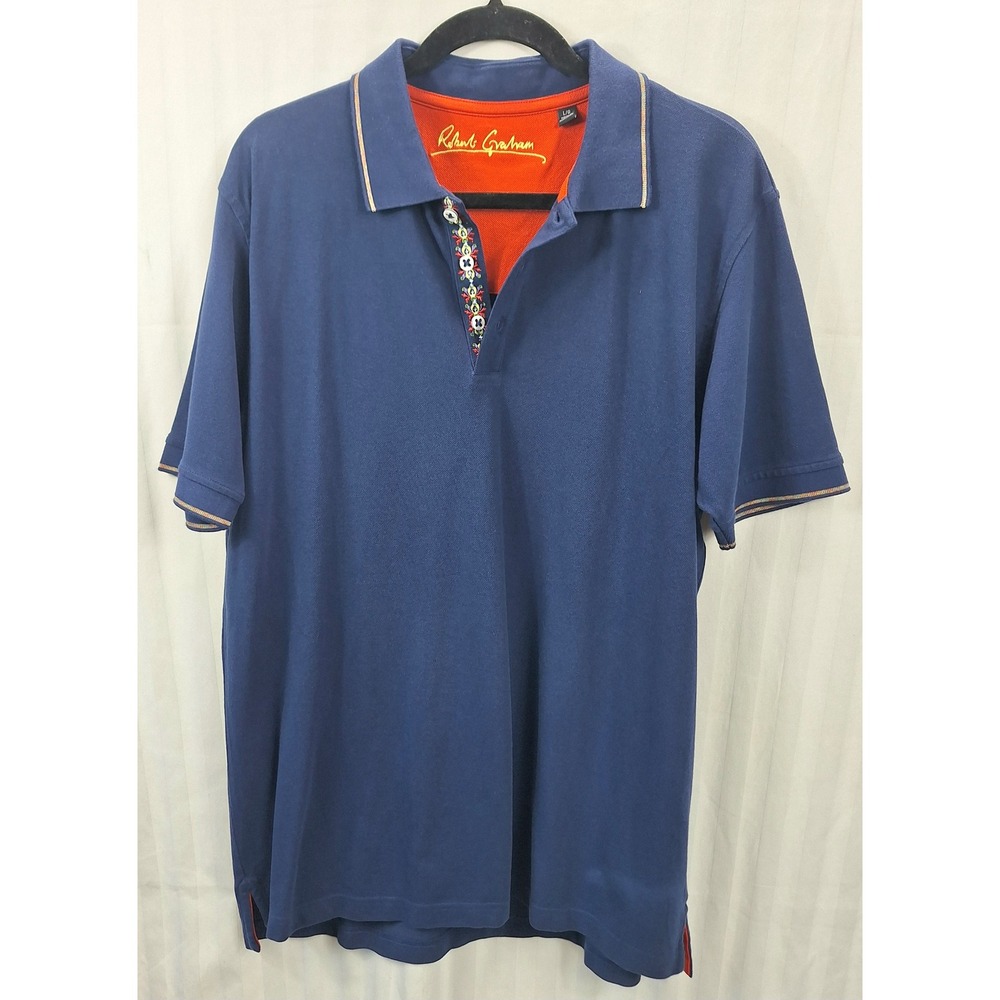 Robert Graham Mens Navy Blue Cotton Pique‎ Short Sleeve Polo Shirt Large L